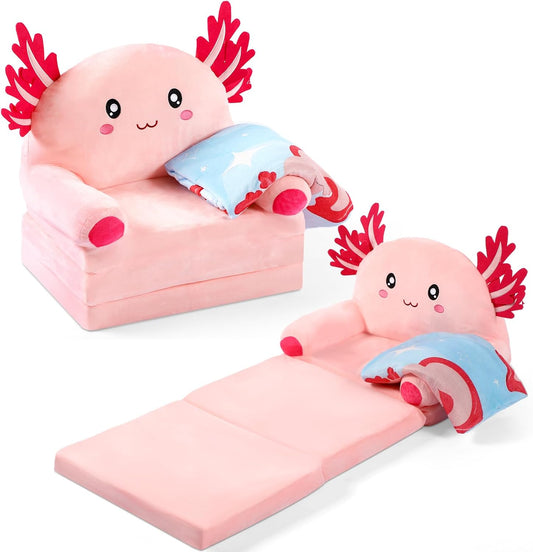 Axolotl Kids Couch Fold out 2-in-1 Toddler Sofa Fold out with Blanket, Soft Toddler Chair Comfy for Boy Girl Baby, Convertible Sofa to Lounger for Napping Reading Playing Christmas, Light Pink