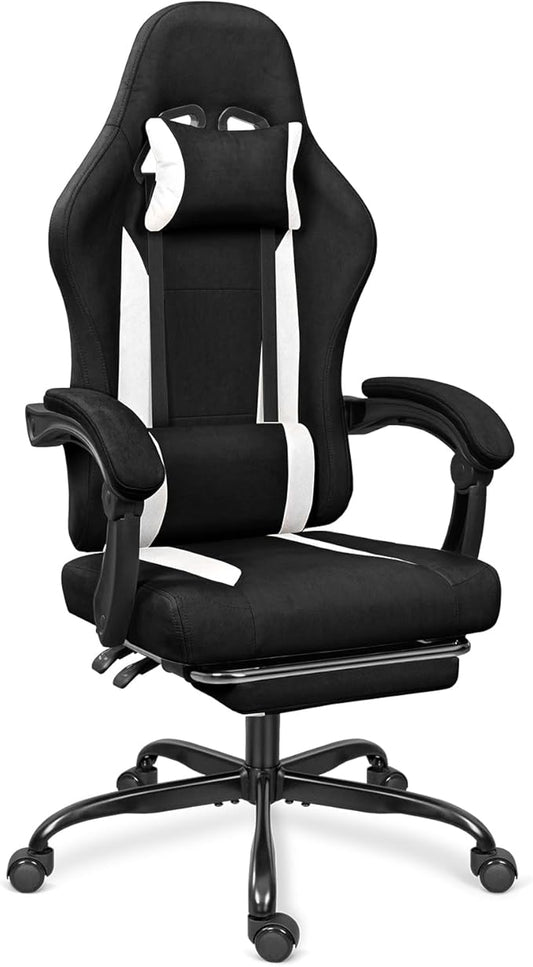 Breathable Fabric Gaming Chair with Footrest, Height Adjustable Game Chair, Video Gaming Chair for Gaming Room, Living Room and Office - Black/White