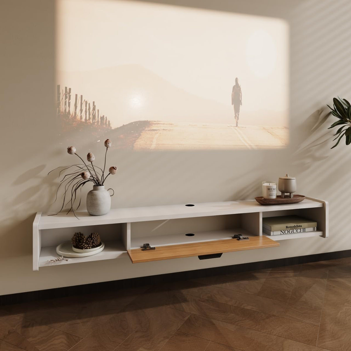 55'' Floating TV Stand,Wall Mounted TV Console,Floating TV Cabinet,Under TV Shelf for Bedroom Living Room(White)