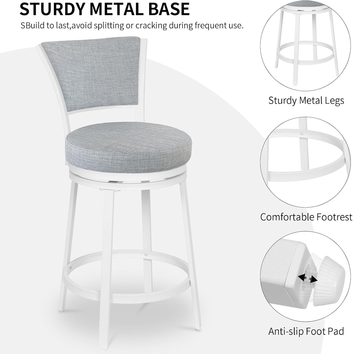 Bar Stools, Counter Height Barstools Set of 2, 25" Linen Fabric Metal Round Swivel Bar Chairs with Back, Modern Upholstered Counter Stools for Kitchen Island, Grey & White