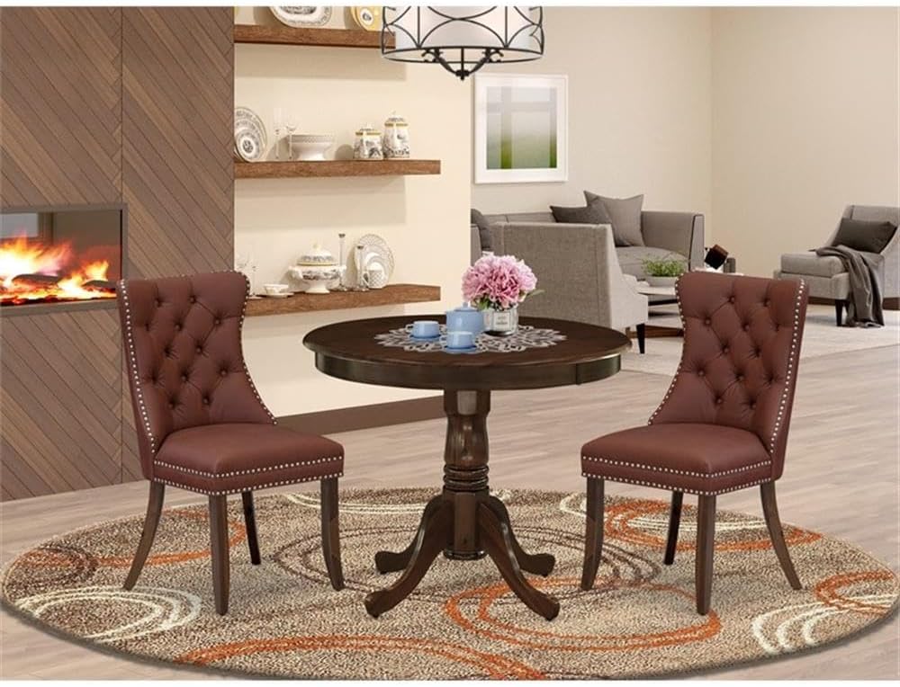 East West Furniture ANDA3-AWA-26 3 Piece Dining Set Includes a Round Kitchen Table with Pedestal and 2 Polyester Fabric Upholstered Parson Chairs, 36x36 Inch, Antique Walnut