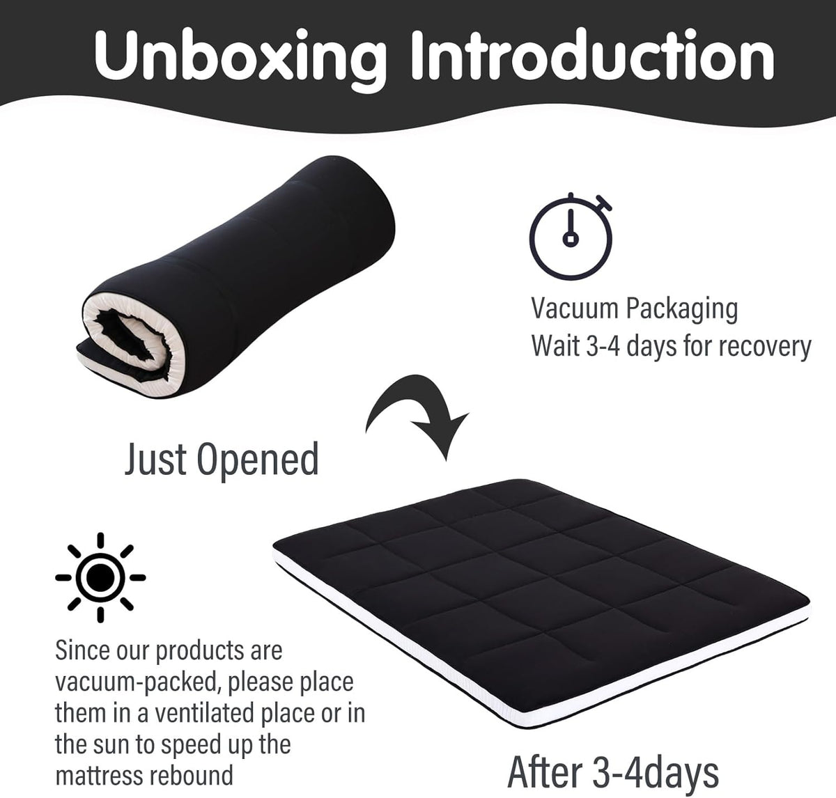 Tiita Floor Mattress Memory Foam Mattress Topper, 4" Thicken Futon Mattress with Storage Bag and 2 Straps, Portable Roll Up Travel Car Camping Mattress Sleeping Pad Full Size, Black