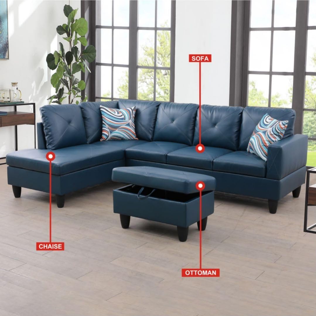 Deep Blue L-Shaped 3-Piece Faux Leather Sofa with Storage Ottoman Set, Sectional Couch Sofa Set for Living Room, Office, Small Space
