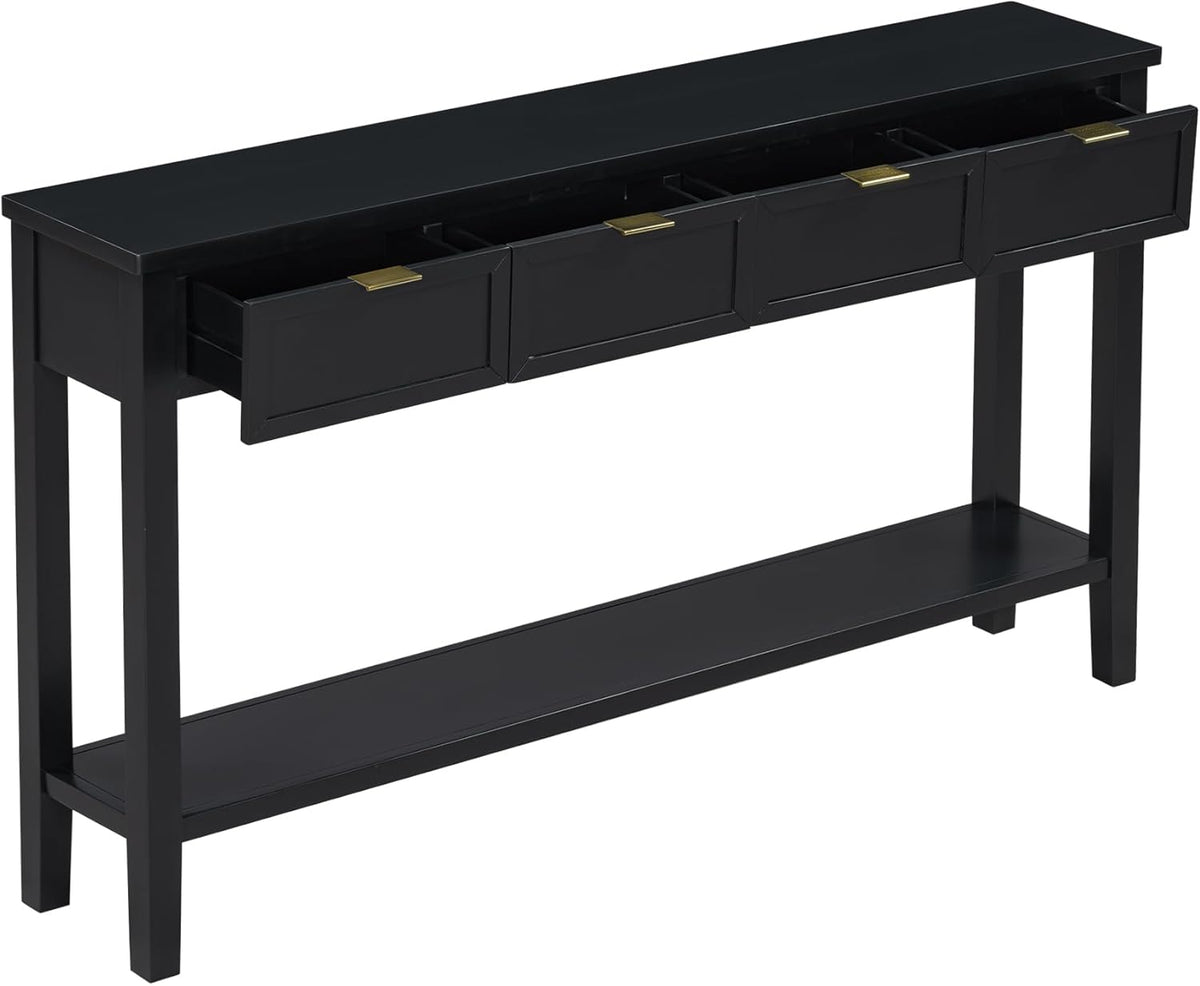 Ball & Cast 60“ Contemporary 4 Drawers Console Table, Long Narrow Entryway-Table with Drawer & Shelf, Modern Storage Sofa Tables, Farmhouse Wood Couch-Tables for Entrance Hallway Living,Black