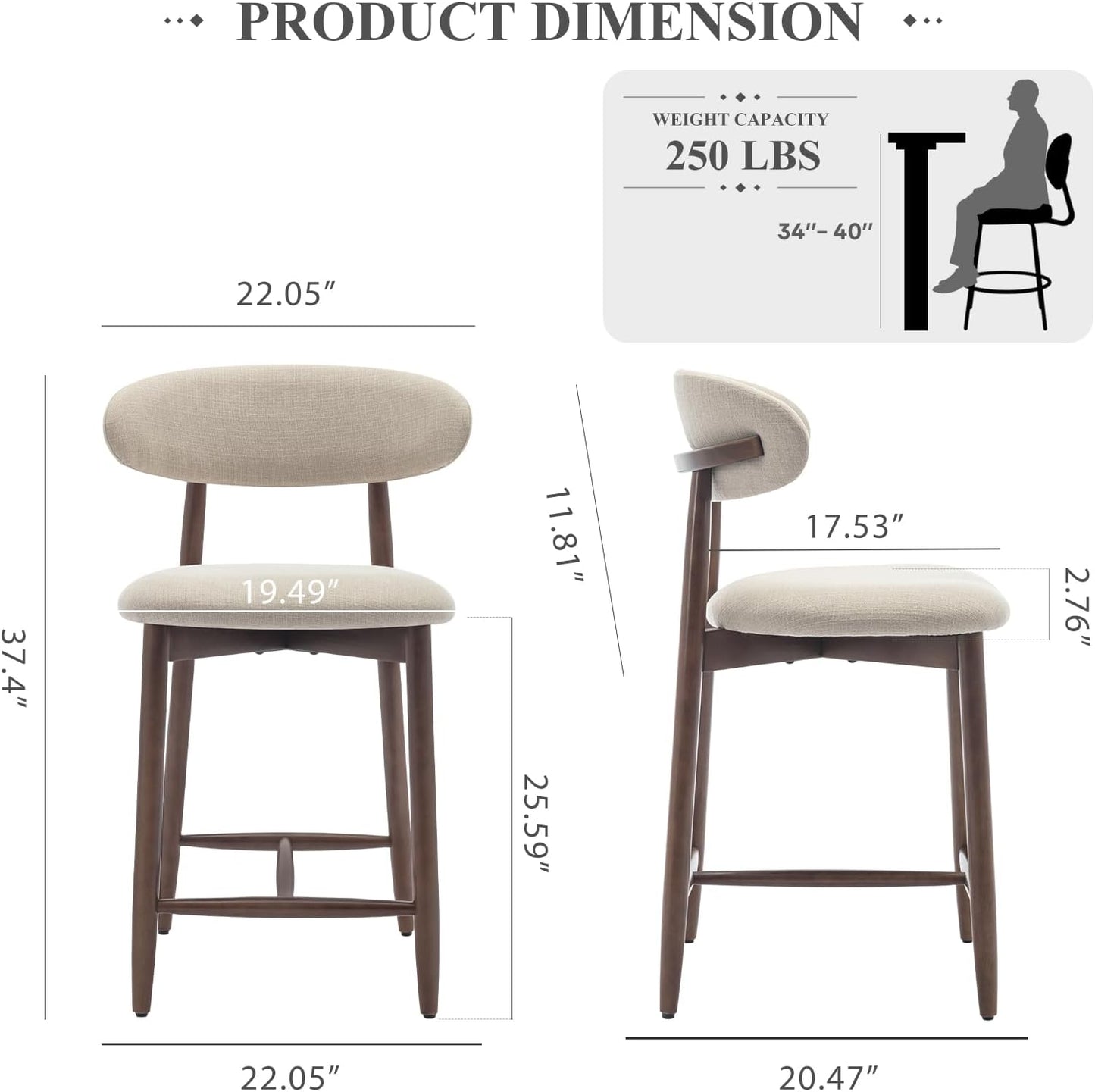 COLAMY Counter Height Bar Stools Set of 2, Kitchen Bar Stools with Back, Mid Century Modern Upholstered, with Wood Legs for Kitchen Island Dining Room, Beige