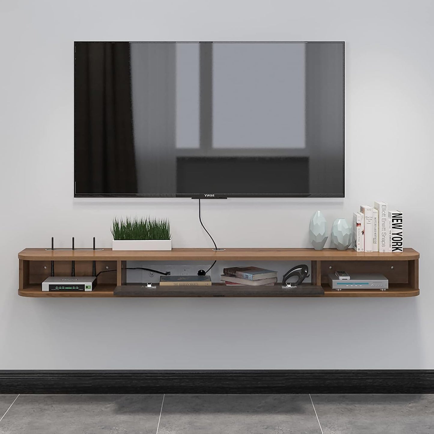 Pmnianhua Floating TV Shelf, 47'' Wall Mounted TV Stand Floating TV Console Media Entertainment Under TV Shelf for Bedroom Livingroom (Walnut)