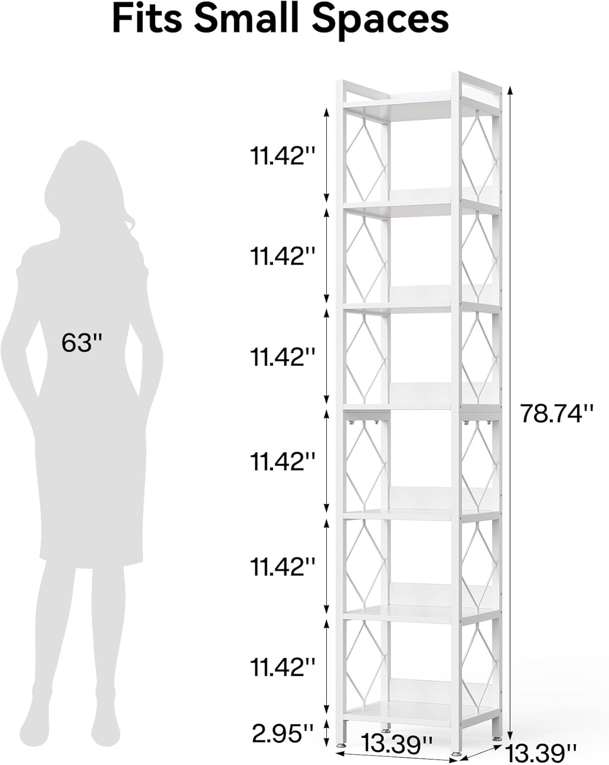 LITTLE TREE Book Shelf, 7-Tier Tall Bookcase, 78.7" Wooden Display Shelves with Sturdy Metal Frame for Living Room, Modern Narrow Standing Bookshelves for Bedroom, White Office Shelf for Small Spaces