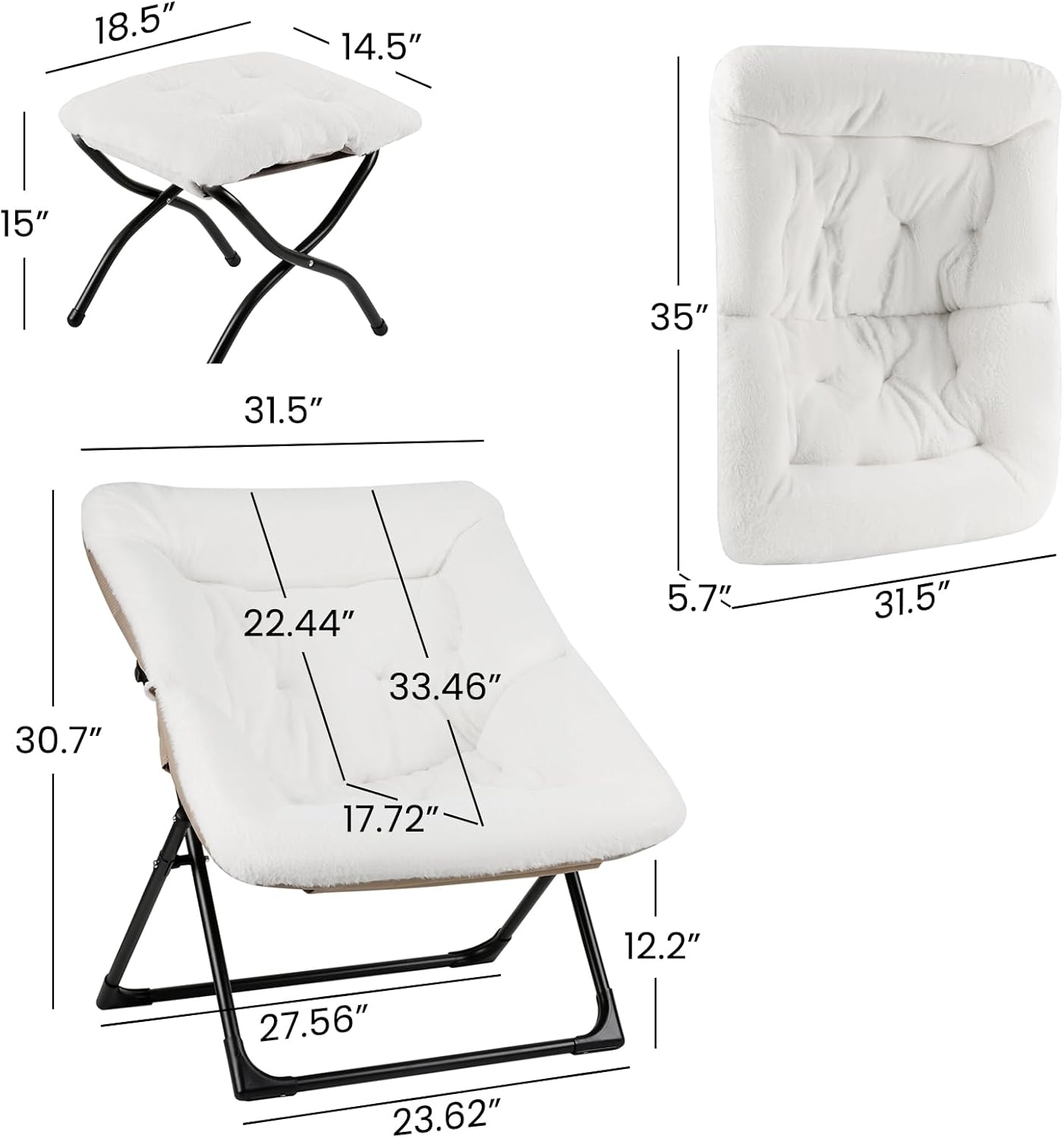 Comfy Saucer Chair for Adults, Soft Faux Fur Bedroom Chair with Ottoman, Accent Dorm Chairs, Living Room Reading Chairs and Footstool, Folding Lounge Seat for Teens, X-Large, White
