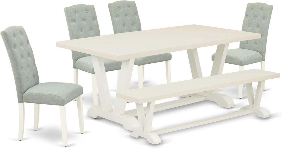 East West Furniture V027CE215-6 6 Piece Dining Room Table Set Contains a Rectangle Kitchen Table with V-Legs and 4 Baby Blue Linen Fabric Parson Chairs with a Bench, 40x72 Inch, Multi-Color