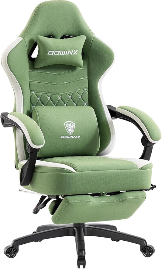 Dowinx Gaming Chair with Footrest, Breathable Fabric Gamer Chair with Gel Pad and Storage Bag, Ergonomic Office Chair with Lumbar Support for Home Task, Green