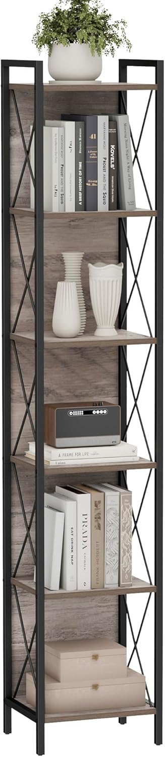 Homhedy 6 Tier Bookshelf Bookcase, Tall Narrow Bookshelf for Small Space, Metal Storage Shelves with Back Panel, for Home Office, Living Room, Kitchen, Bedroom, Industrial Style, Greige
