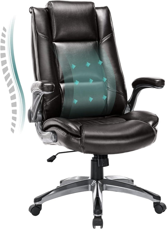 Leather Executive Office Chair - High Back Home Computer Desk Chair with Padded Flip-up Arms, Adjustable Tilt Lock, Swivel Rolling Ergonomic Chair for Adult Working Study, Brown