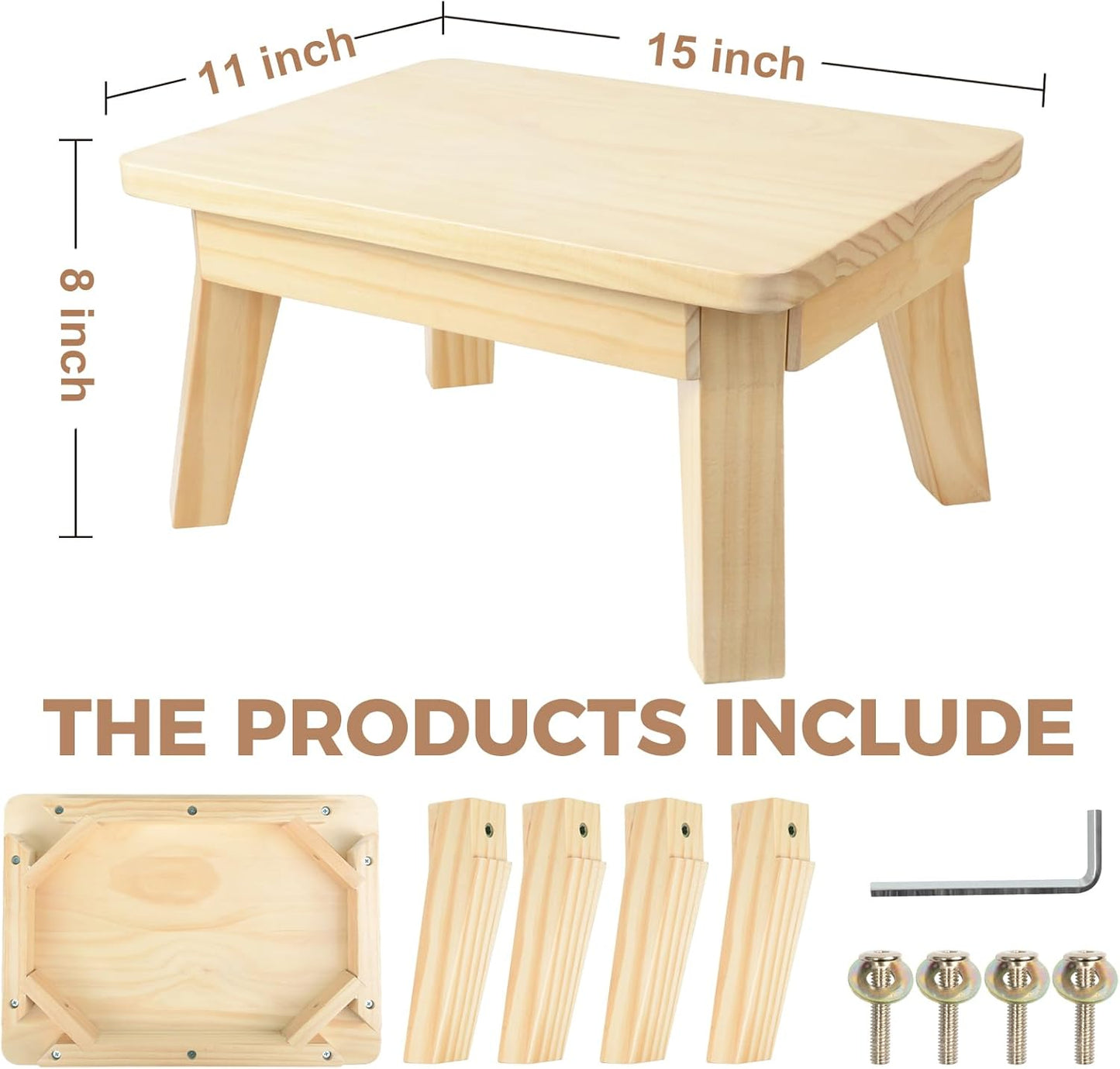 HOUCHICS Wooden Step Stool,One Step Stool for Adult Kids,Wood Bedside Step Stools for Kitchen,Bathroom,Bedroom(Wooden)