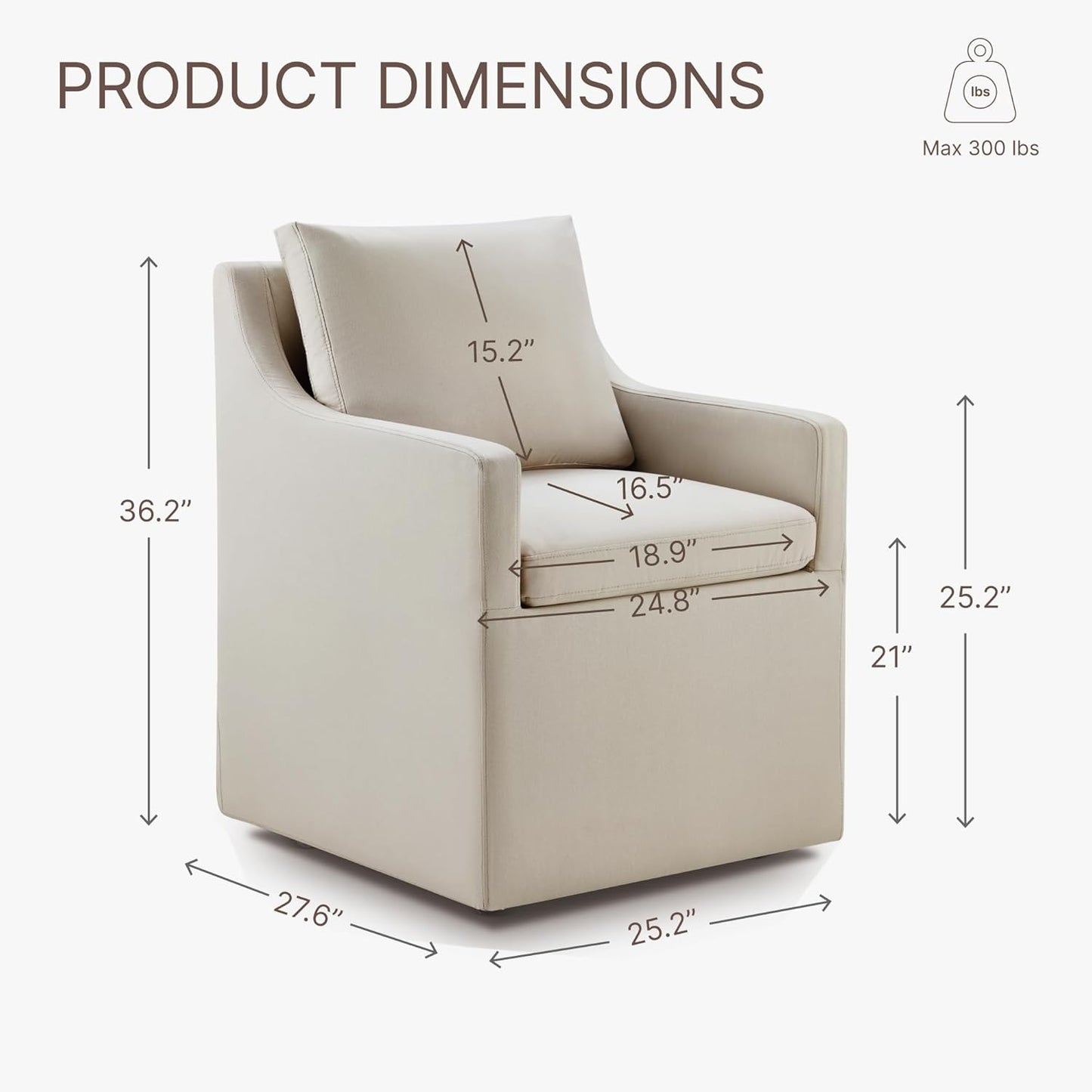 Upholstered Dining Chairs with Casters Washable Cover Side Deskchair with Rollers for Diningroom, Living Room, Flax Beige, 2 Box