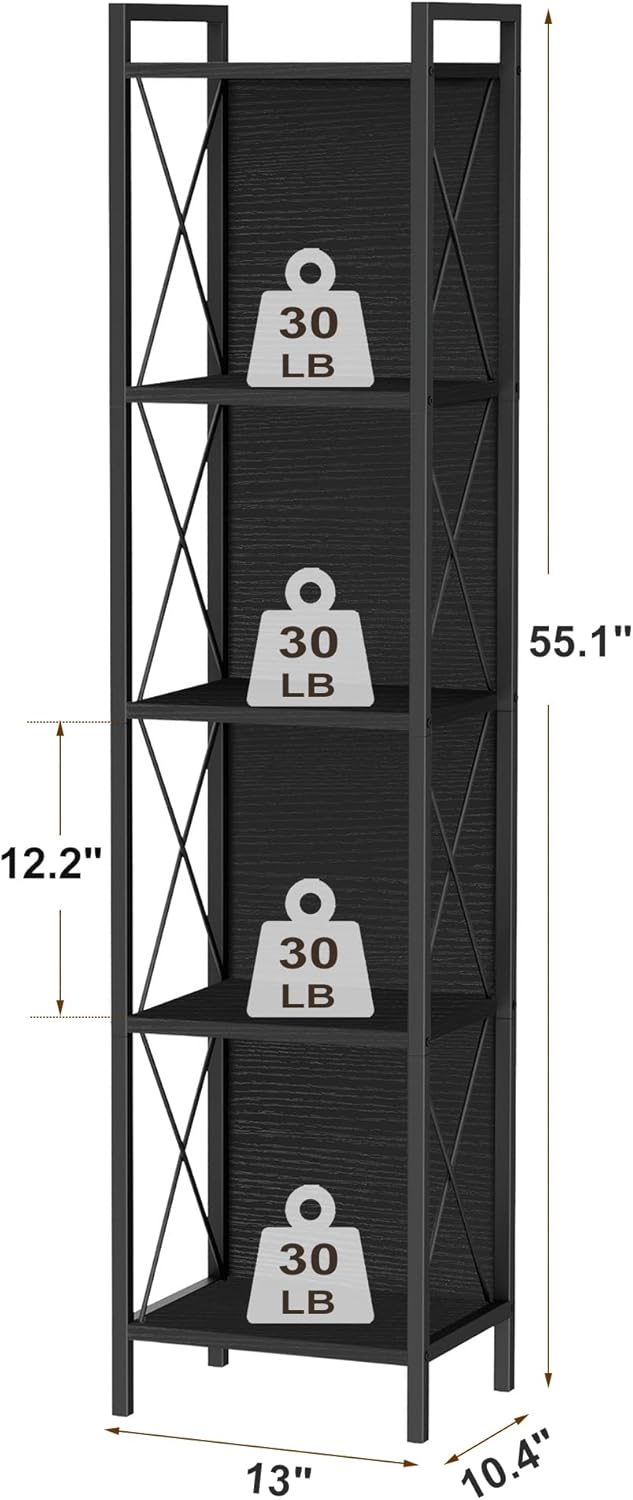 Homhedy 5 Tier Bookshelf Bookcase, Tall Narrow Bookshelf for Small Space, Metal Storage Shelves with Back Panel, for Home Office, Living Room, Kitchen, Bedroom, Industrial Style, Black