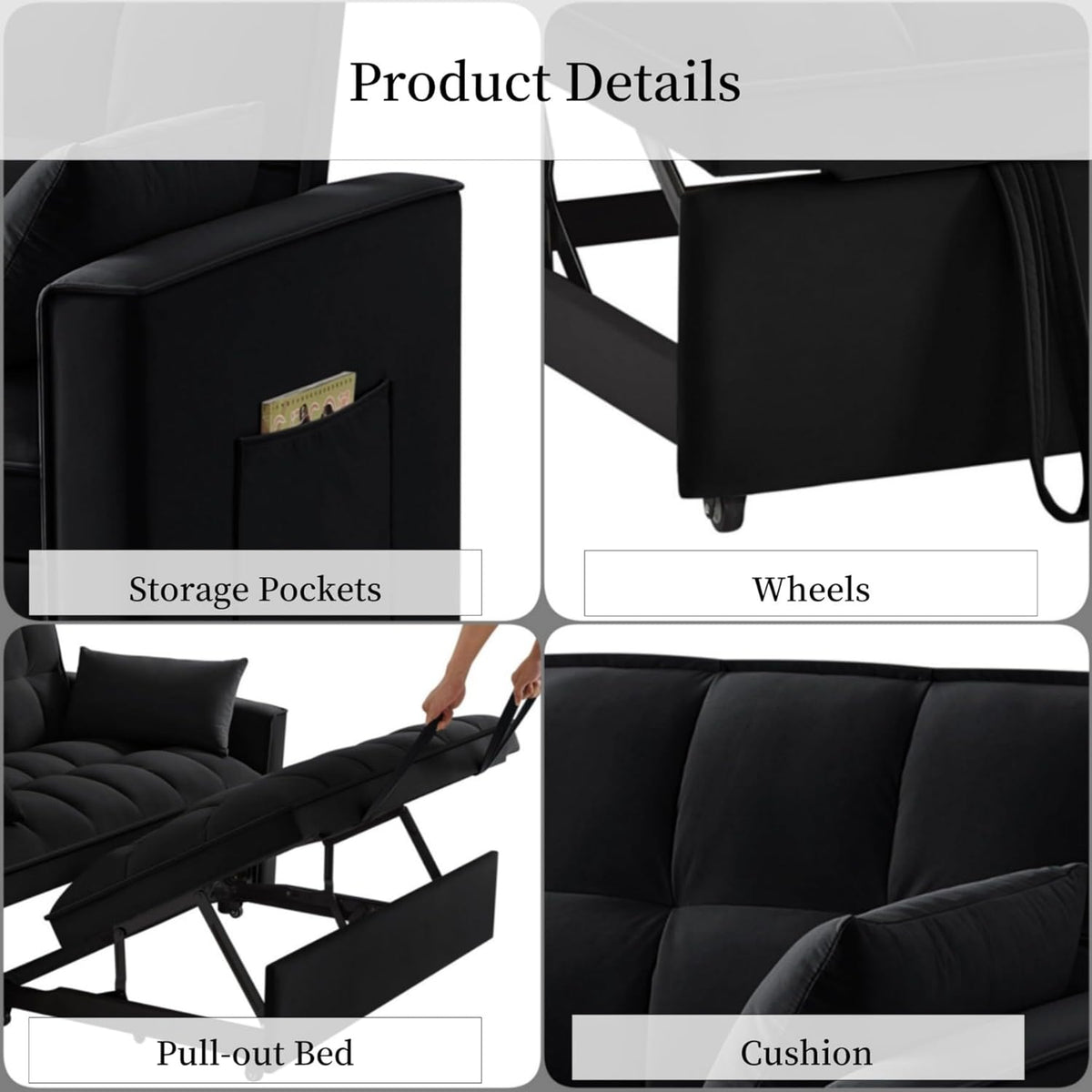 KEIKI Velvet Loveseat Convertible Sofa Bed Sleeper Chair with Adjustable Backrest, Pillows & Storage Pockets, 3 in 1 Pull-Out Couch Chaise Lounge Recliner for Living Room Balcony Bedroom, Black