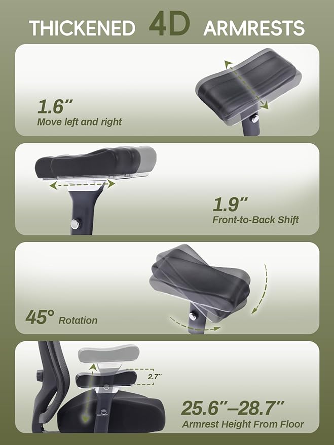 Office Chair 500lbs, Ergonomic Desk Chair with W Thick Cushion & 4D Armrest, Executive Mesh Desk Chair with Adjustable Lumbar, 2D Headrest, Footrest, Swivel Task Chairs for Home Office Gaming, Black