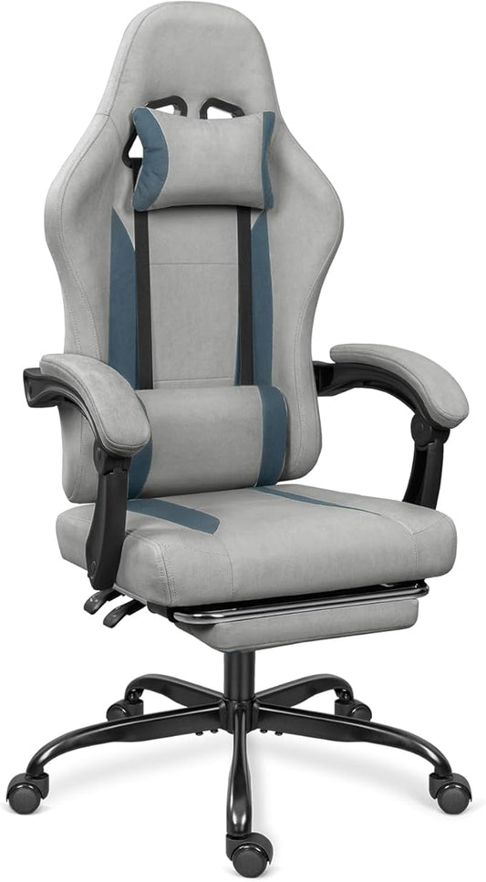 Breathable Fabric Gaming Chair with Footrest, Height Adjustable Game Chair, Video Gaming Chair for Gaming Room, Living Room and Office - Light Grey/Blue