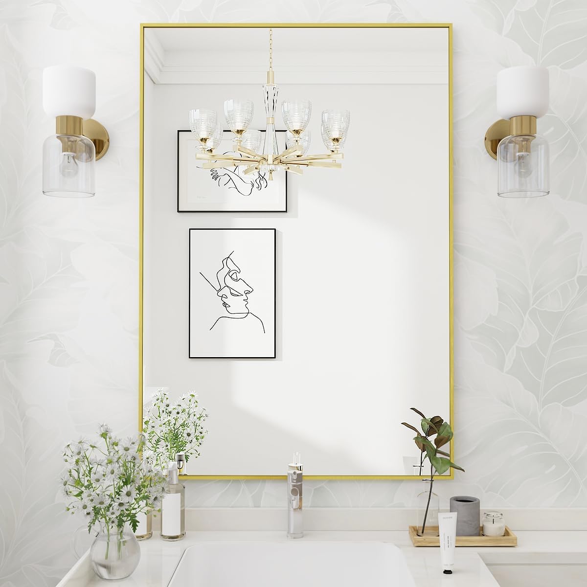 Koonmi Gold Mirrors for Wall, 30x48 Inch Bathroom Mirror, Rectangular Wall Mirror for Living Room Bedroom Bathroom, Hangs Horizontally or Vertically
