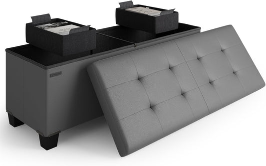STORAGEBUD Storage Ottoman Bench with Bins, 43-in Storage Bench for Bedroom End of Bed, Folding Foot Rest Ottoman for Living Room Max 660lbs, Faux Leather Ottomans, Grey