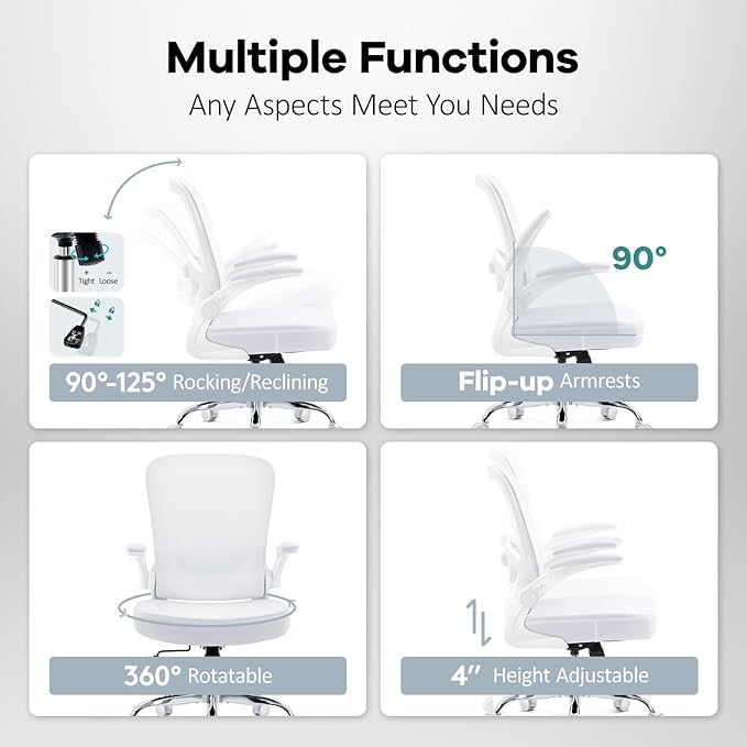 Office Chair,Ergonomic Mesh Desk Chair with Adjustable Lumbar Support,Computer Chair with Flip-up Armrests, Rolling Executive Chairs, Home Office Chair(White)