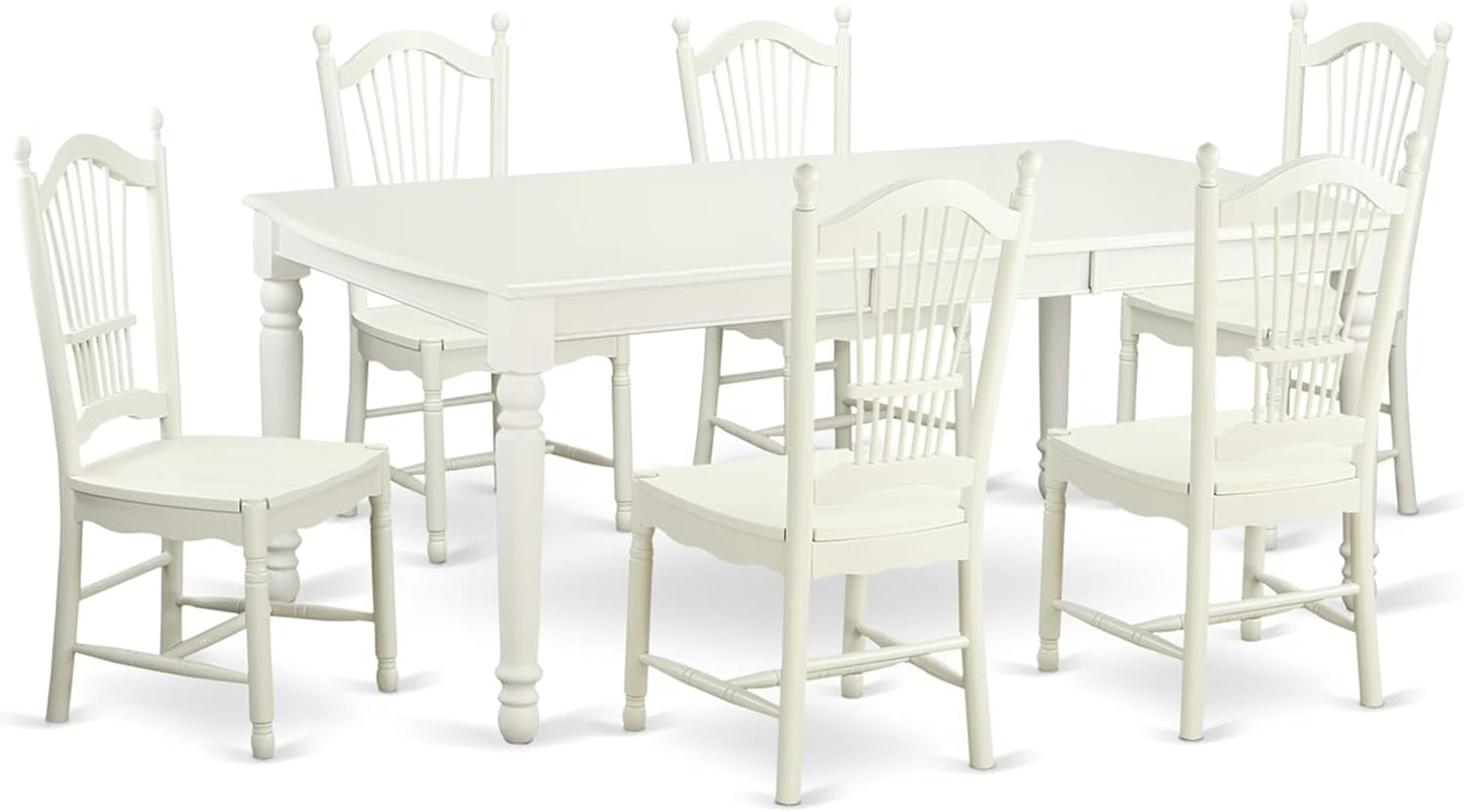 East West Furniture DOVE7-LWH-W 7 Piece Dining Table Set Consist of a Rectangle Dining Room Table with Butterfly Leaf and 6 Wooden Seat Chairs, 42x78 Inch, Linen White