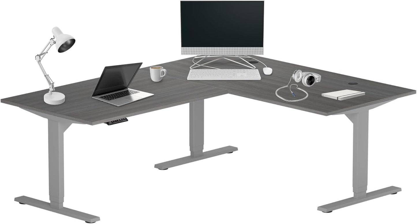 Progressive Desk Height Adjustable Computer Standing Desk - L Shaped 70" x 55" Corner Electric Stand Up Rising Workstation - Gray Oak, Gray Frame