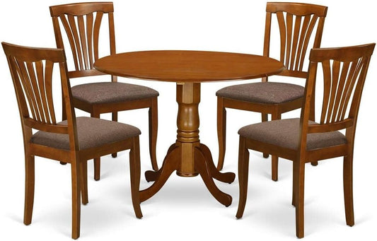 East West Furniture DLAV5-SBR-C 5 Piece Dinette Set for 4 Includes a Round Dining Table with Dropleaf and 4 Linen Fabric Dining Room Chairs, 42x42 Inch, Saddle Brown