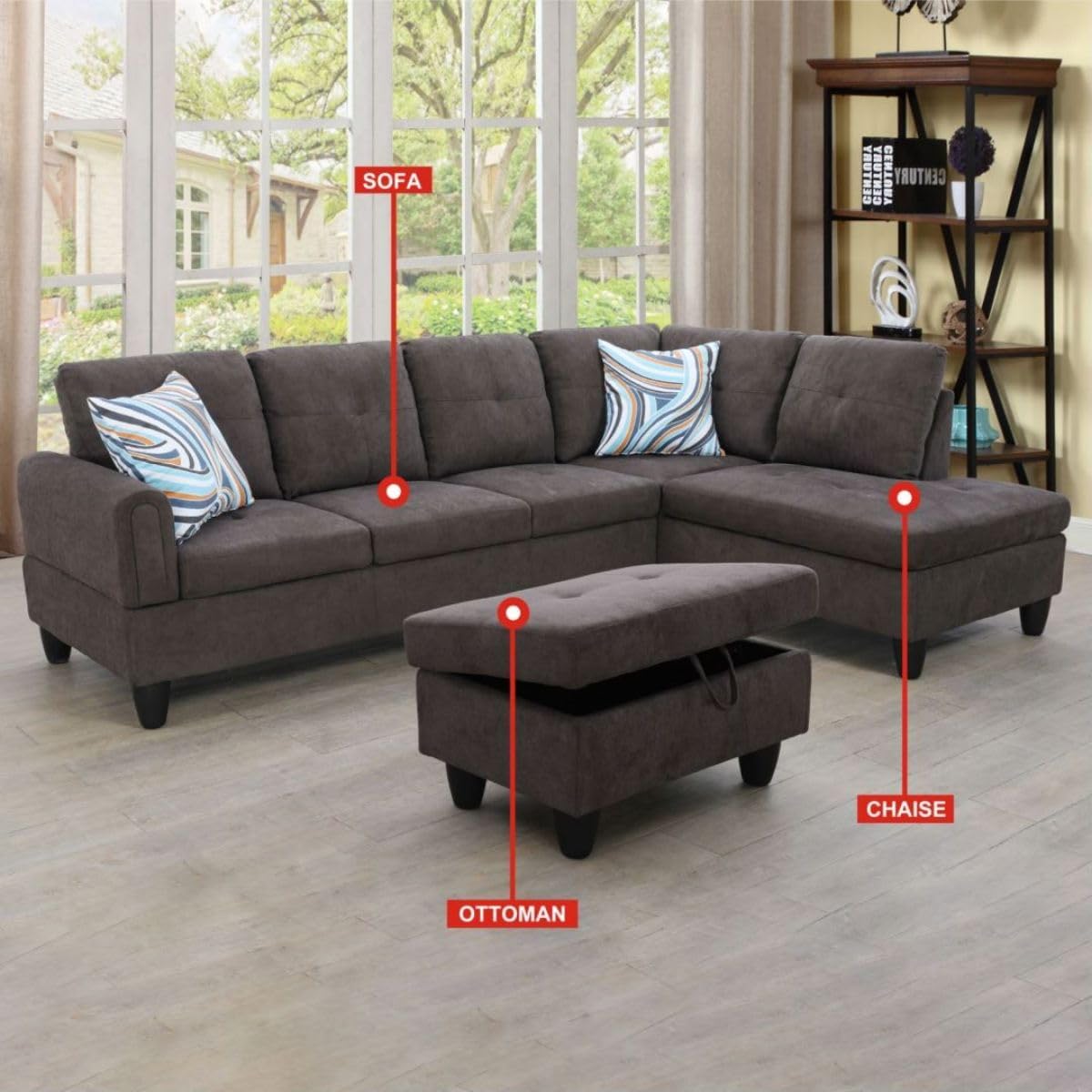 Dark Brown L-Shaped 3-Piece Flannel Sofa with Storage Ottoman Set, Sectional Couch Sofa Set for Living Room, Office, Small Space