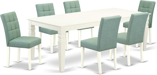 East West Furniture LGAS7-LWH-43 7 Piece Dining Set Contain A Mid Century Table and 6 Willow Green Polyester Fabric Mid Century Modern Dining Chairs, Linen White