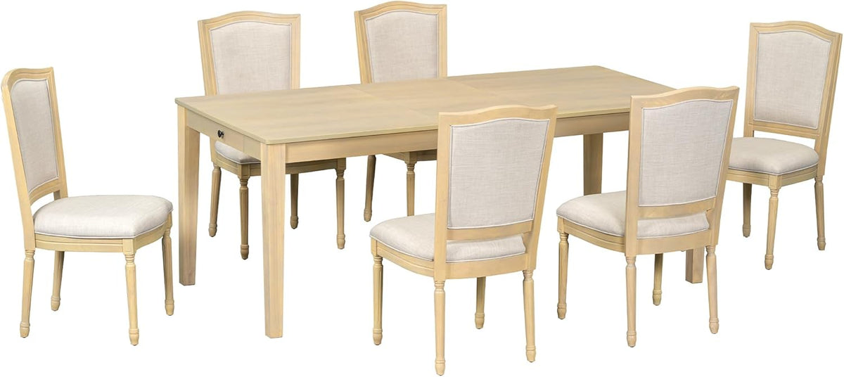 Merax Rustic 7 Piece 78.1inch Extendable Dining Table Set with 18inch Removable Leaf, 6 Upholstered Dining Chairs, 2 Built-in Drawers, Natural