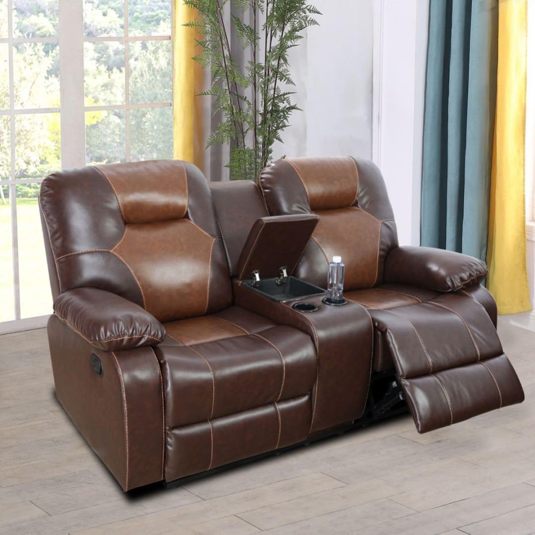 Manual Breathing Leather Reclining Sofa, Leather Recliner Couch, Comfortable Wide Lazy Leather Sofa for Living Room (Brown, Two Seater Loveseat)
