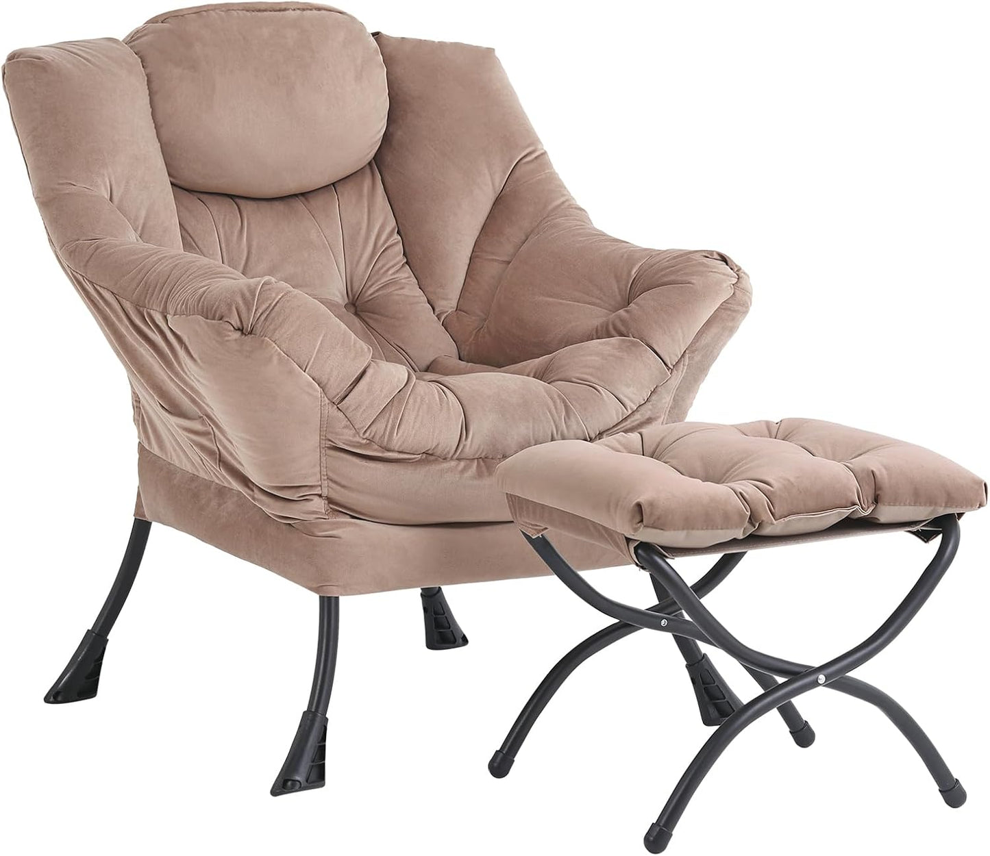 Lazy Chair with Ottoman, Modern Accent Chair Contemporary Lounge Leisure Sofa Chair with Armrests, Reading Chair and Folding Footstool Set for Living Room, Bedroom, Office, Khaki