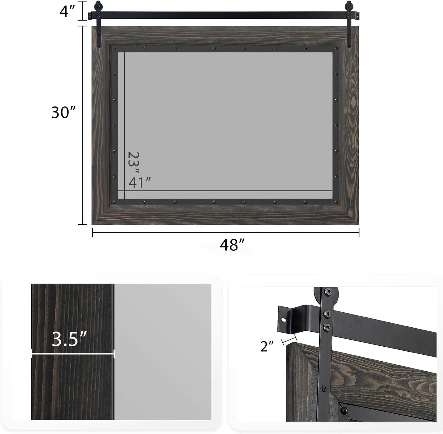 YOSHOOT Farmhouse Barn Door Mirror, 48"x30" Rustic Bathroom Mirror, Wood Frame Wall Mirror, Wooden Mirror for Living Room Bedroom Entryway Wall Décor, Horizontal Hanging ONLY