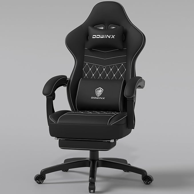 Dowinx Gaming Chair Breathable Fabric with Gel Pad, Ergonomic Game Chair with Pocket Spring Cushion, Comfortable Office Chair with Footrest and Storage Bag for Adults, Black