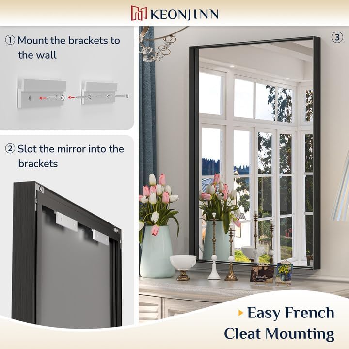 Keonjinn Black Mirror for Bathroom 20 x 30 Inch Brushed Framed Mirror, Rectangle Wall Mount Mirror Square Corner Modern Farmhouse Decorative Bathroom Vanity Mirror for Over Sink(Horizontal/Vertical)
