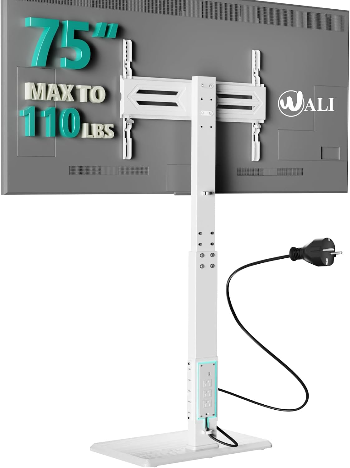 WALI Floor TV Stand with Power Outlet, Tall TV Stand Mount for 32-75 inch TVs up to 110 lbs, Swivel and Height Adjustable TV Stands with Wood Base for Bedroom, Office(TVDVD-7PW), White