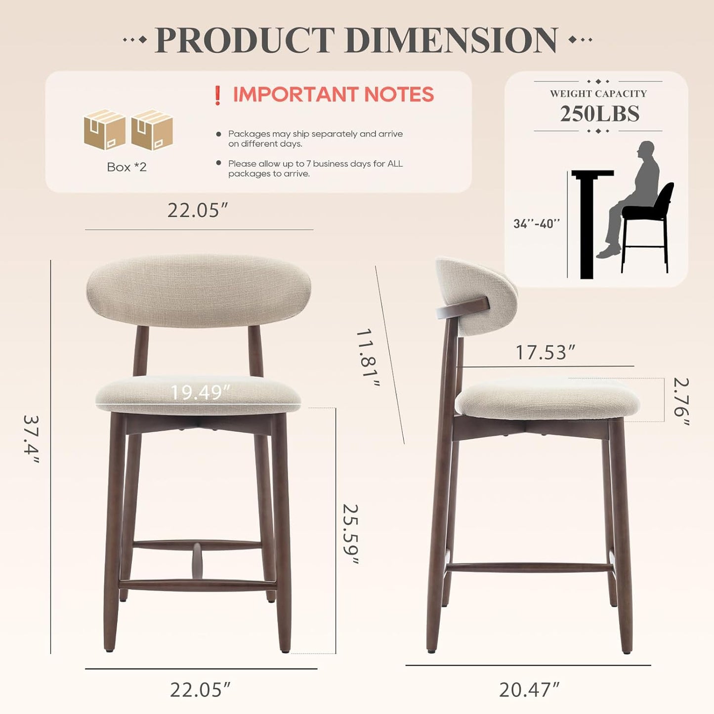 COLAMY Counter Height Bar Stools Set of 3, Upholstered Barstools with Back, Mid Century Modern Stools with Wood Legs for Kitchen Island Dining Room, Beige