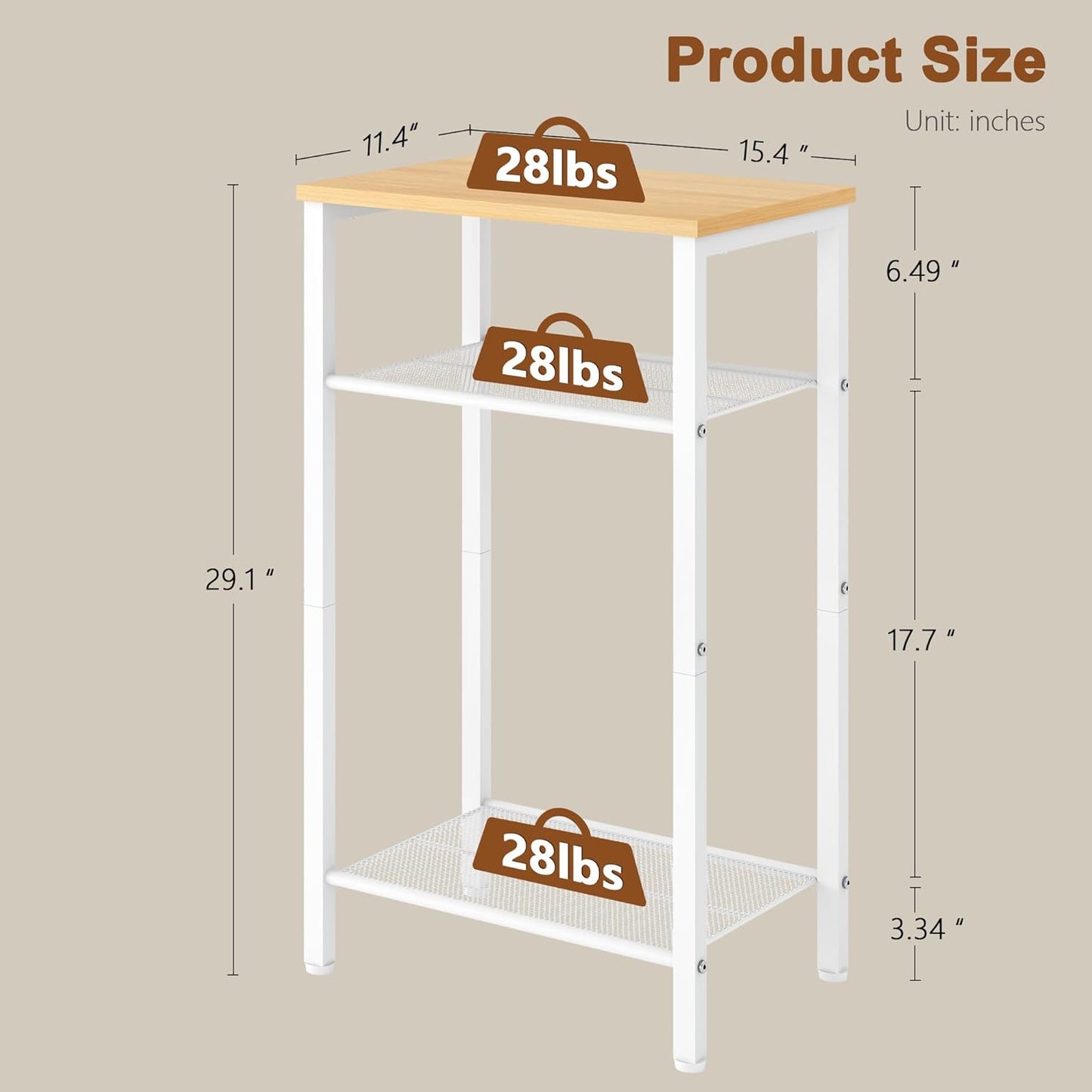 Hoctieon 2-Set 3 Tier End Table, Telephone Table Set of 2, Tall Side Table with Storage Set of 2, Small Nightstand for Small Spaces, Metal Frame, White and Yellow Oak