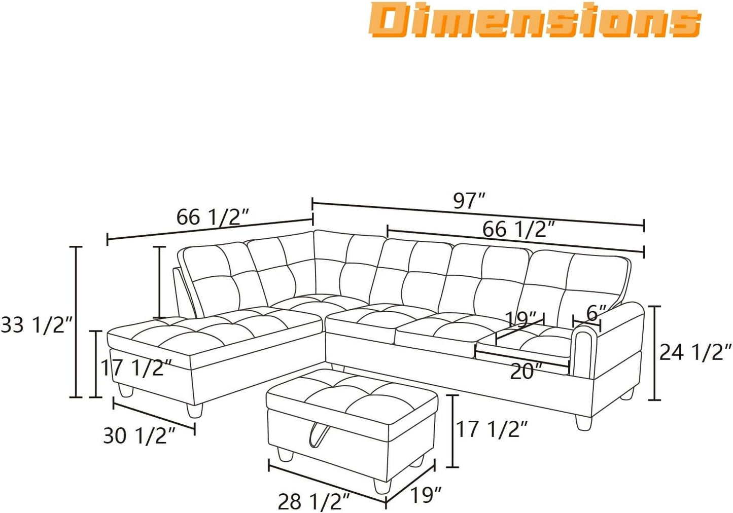 L Shaped Sectional Couch with Otttoman, 97" Sectional Sofa for Living Room Flannel Modular Couches with Cup Holders for Bedroom, Apartments, Grey