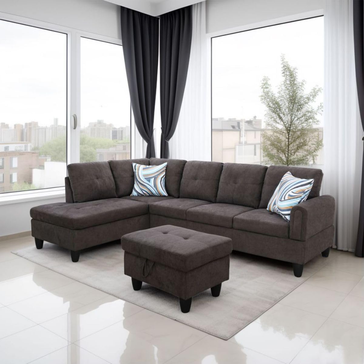 Dark Brown L-Shaped 3-Piece Flannel Sofa with Storage Ottoman Set, Sectional Couch Sofa Set for Living Room, Office, Small Space