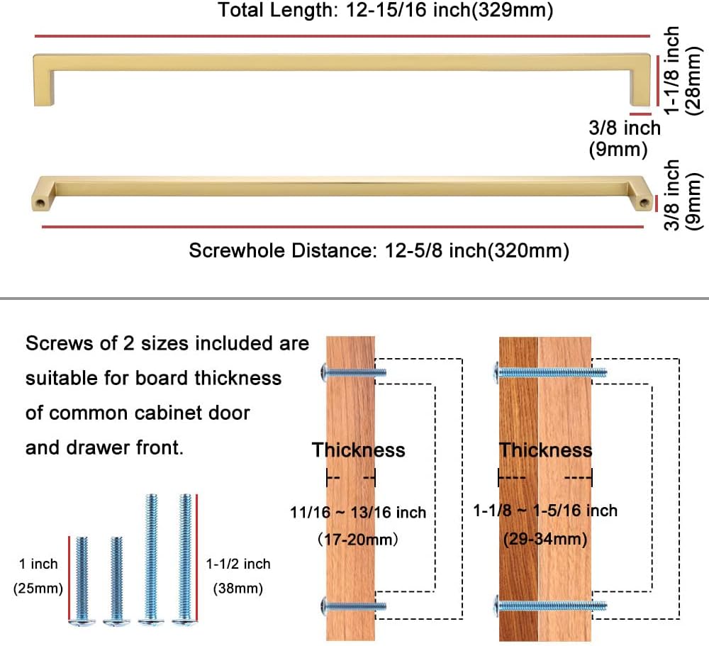KOOFIZO Solid Square Bar Cabinet Handle - Brushed Gold Furniture Pull, 12.6 Inch/320mm Screwhole Distance, Pack of 5 for Kitchen Cupboard Door, Bedroom Dresser Drawer, Bathroom Wardrobe Hardware