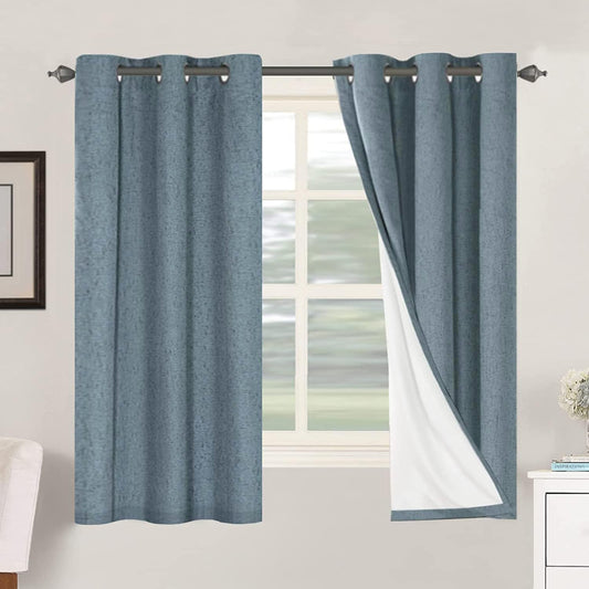 H.VERSAILTEX Primitive Linen Curtains 100% Blackout Curtain Drapes Burlap Curtains with White Thermal Insulated Liner, Grommet Top Drapes Living Room/Bedroom (2 Panels, 42 x 63 Inch, Stone Blue)