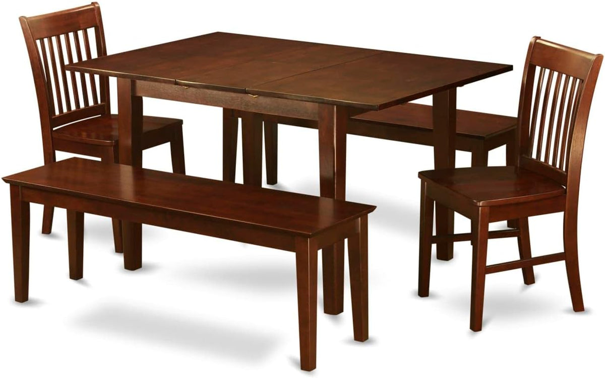 East West Furniture PSNO5C-MAH-W 5 Piece Kitchen Table & Chairs Set Includes a Rectangle Dining Table with Butterfly Leaf and 2 Dining Room Chairs with 2 Benches, 32x60 Inch, Mahogany