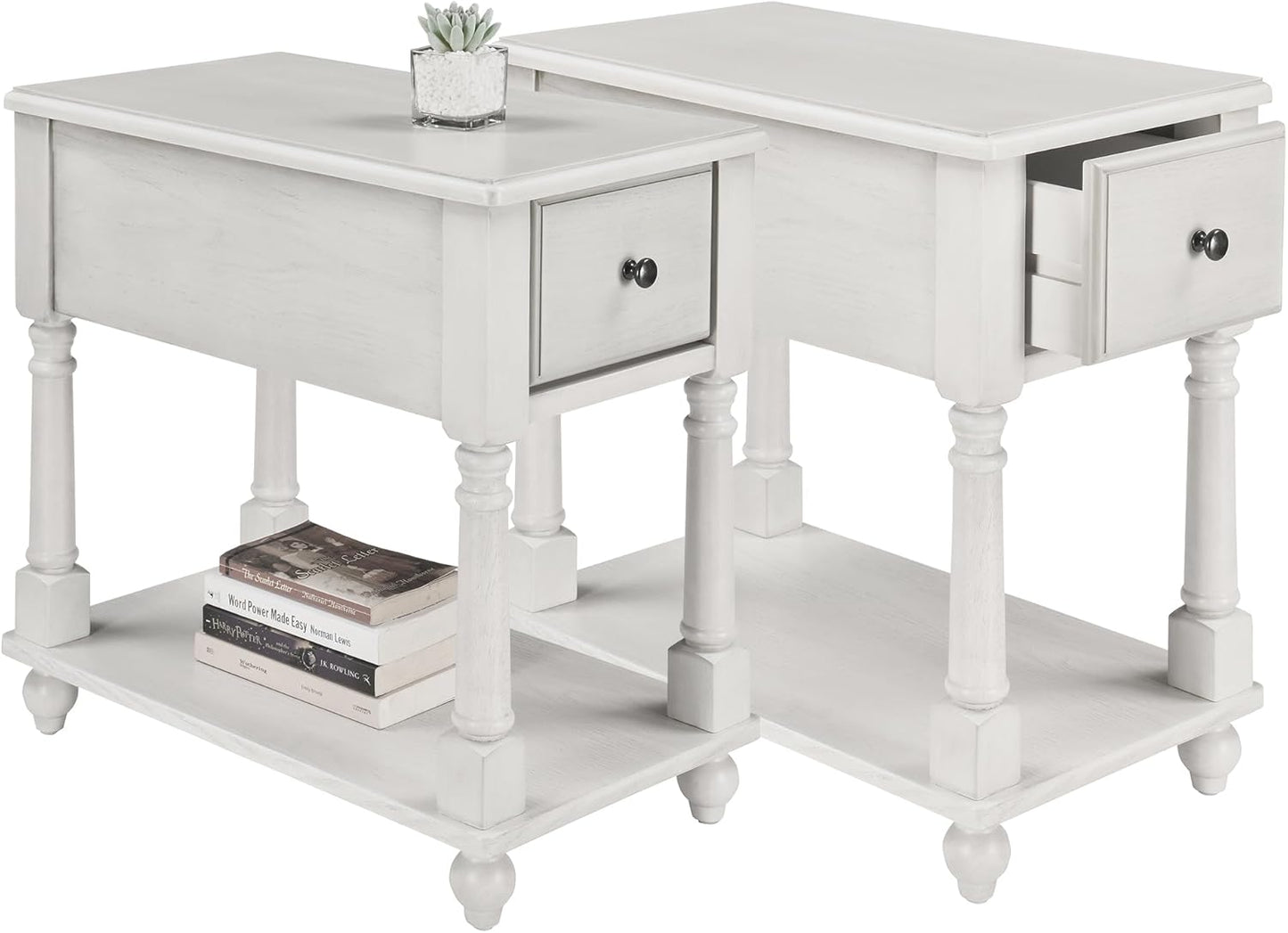 LEEMTORIG Set of 2 Solid Wood End Table Narrow Side Table with Drawer, Cherry Wood End Table Living Room, 13" W Slim Small Nightstand, 22" D x 22.3" H, No-Tools Assembly, Gray White BBJ-004-RW