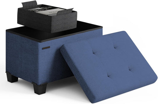 STORAGEBUD Storage Ottoman Cube with Small Bin, 16-in Square Ottoman with Storage for Living Room and Bedroom, Small Ottomans Foot Rest, Fabric Foot Stools Ottomans Max 330lbs, Blue