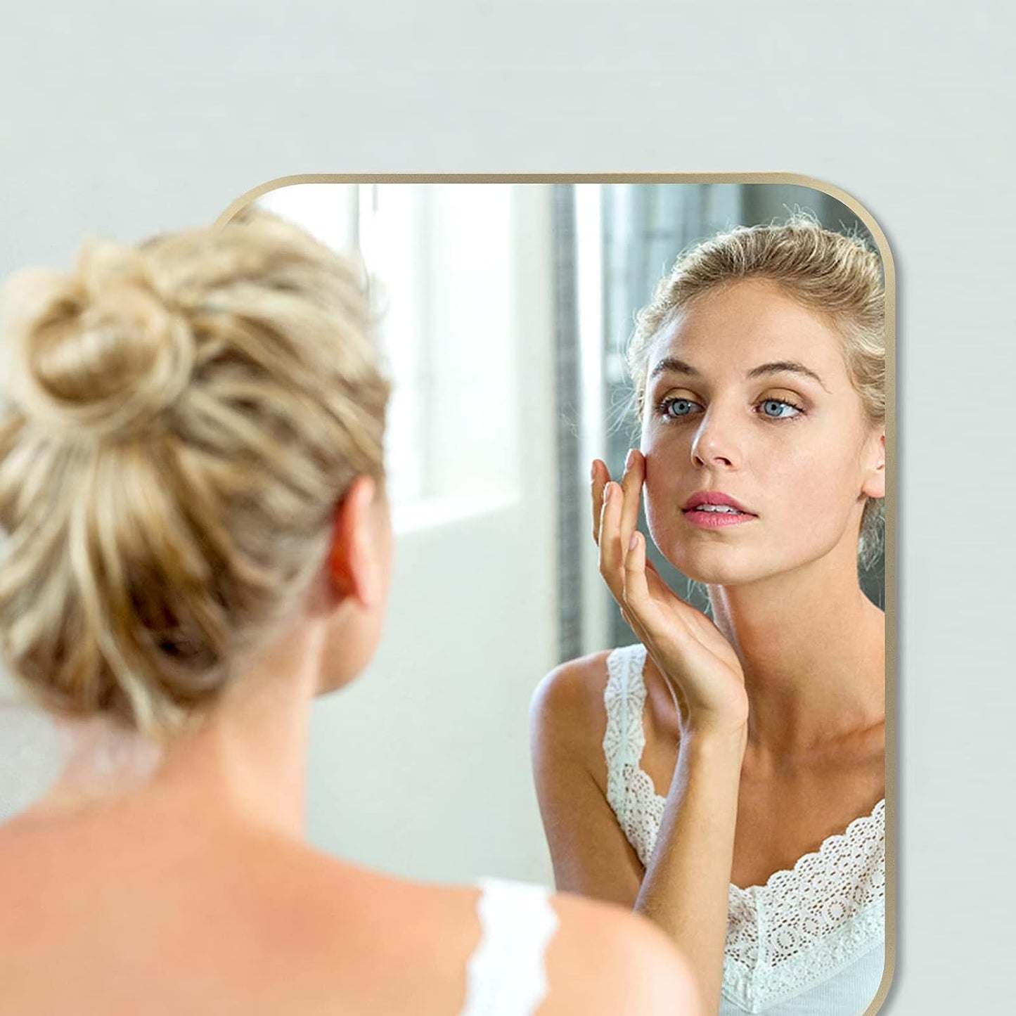 48x30 Inch Gold Bathroom Mirror, Brushed Gold Metal Framed Rectangular Mirror with Rounded Corner, Bathroom Vanity Mirror for Bedroom or Living Room, Horizontal/Vertical