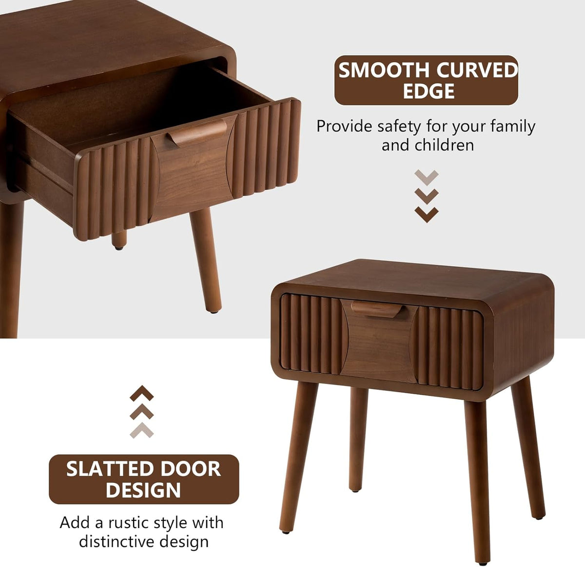 COSIEST Mid Century Modern Nightstand, MCM Vintage Bedside Table with Storage Drawer, Wood End Table for Bedroom, Living Room (Brown, Striped Pattern)