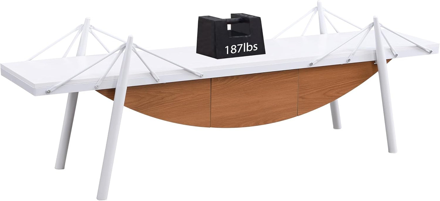 1 Tier Modern Boat-Shaped Bookshelf with Drawer, White & Brown, 70.9" Long Horizontal Low Shelf for Storage Display Decoration, Sturdy MDF & Metal Industrial Frame, for Living Room