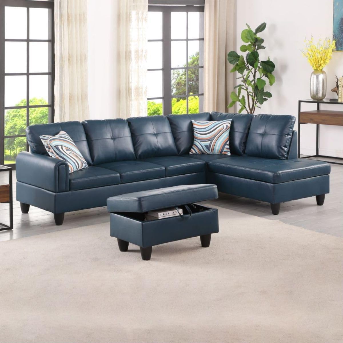 Denim L-Shaped 3-Piece Faux Leather Sofa with Storage Ottoman Set, Sectional Couch Sofa Set for Living Room, Office, Small Space